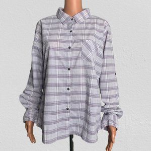 PrAna Purple Plaid Button Down Blouse w/ Pocket XL